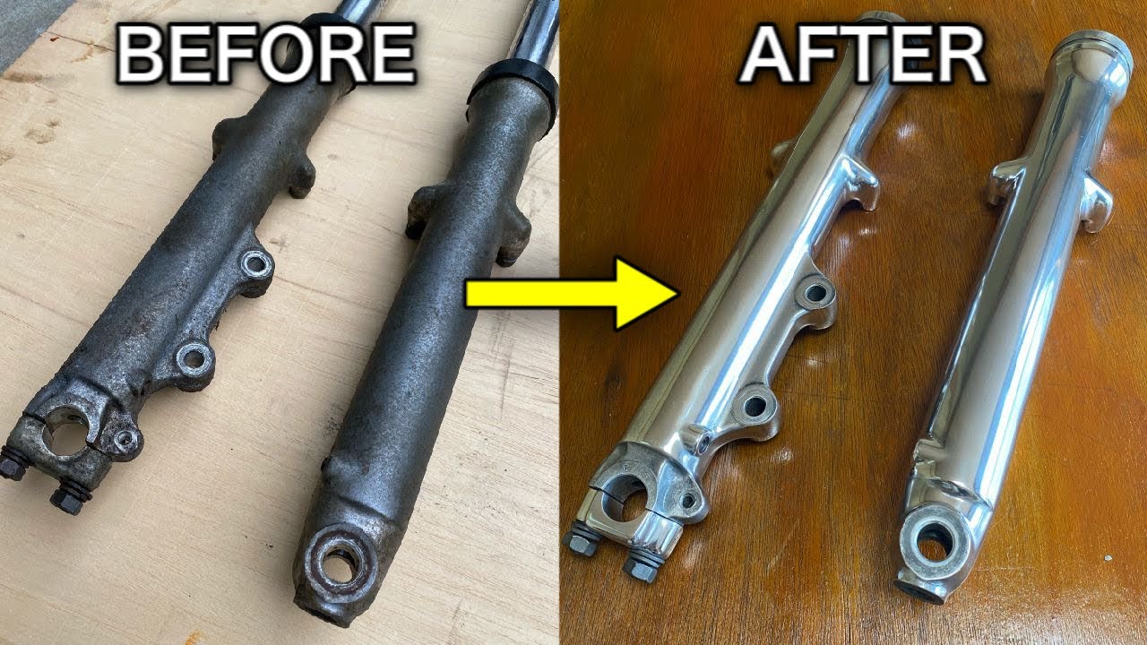 1980年製の錆サビフロントフォーク磨き。鏡面仕上げ。【GSX250Eレストア10】Front fork mirror polishing