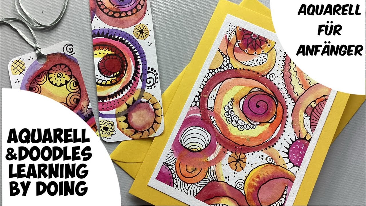 Aquarell & Doodle learning by doing, Aquarell für Anfänger, Simple card, Bookmark, easy