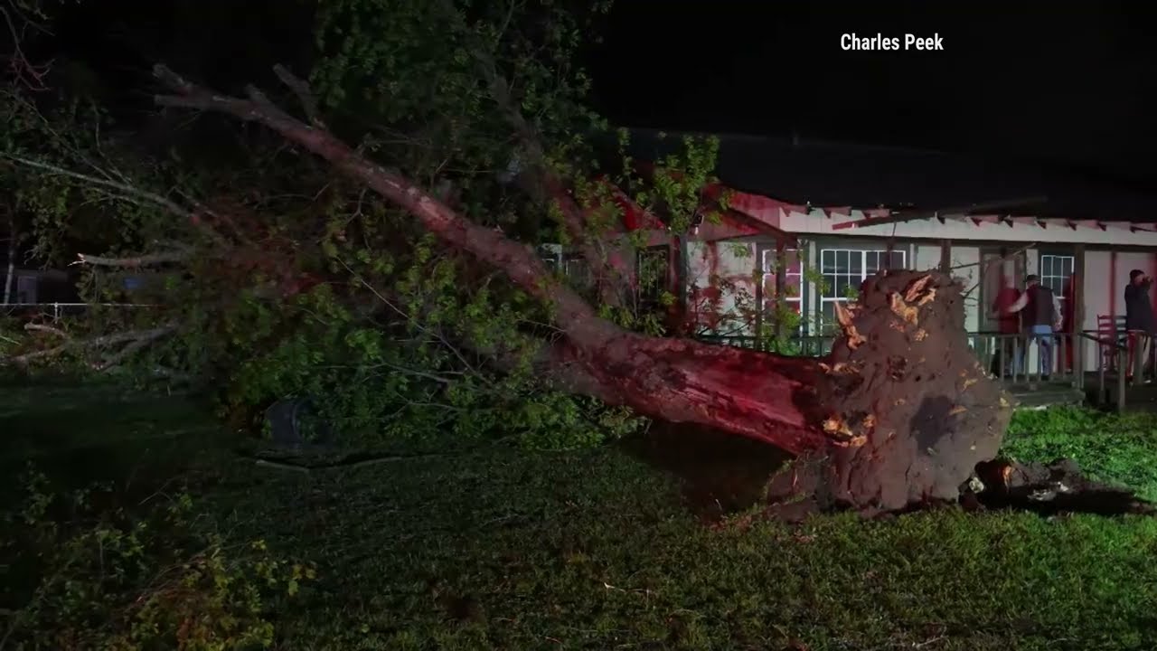 Drone Video: Storms knocks over trailer, destroys trees in Corsicana, Texas