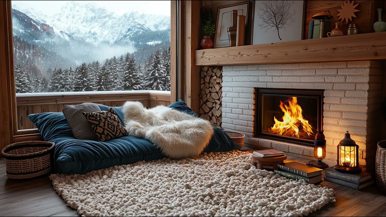 Cozy Winter Cabin ✨ Fireplace Ambience | Snowy Mountains & Forest Views