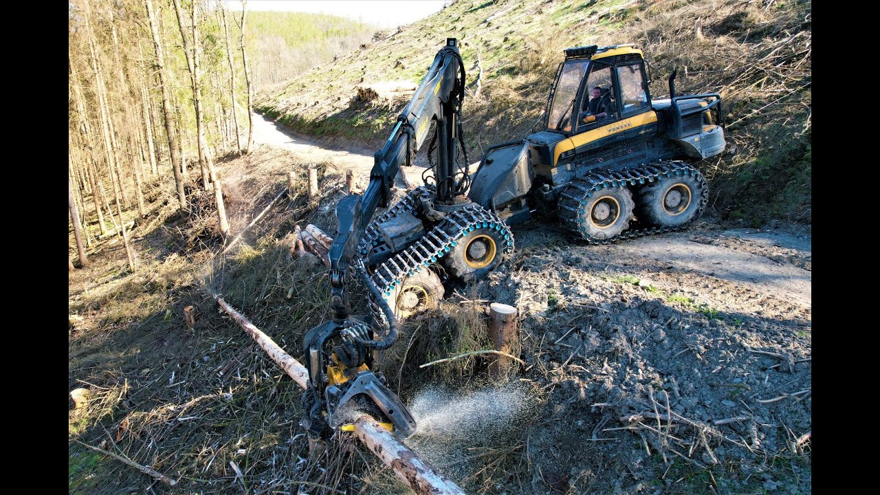 🌲|4K|•Ponsse Bear & Haas UniWinch / John Deere 1470D • Slope / Hang • Harvester &Traktionswinde •#1🌲