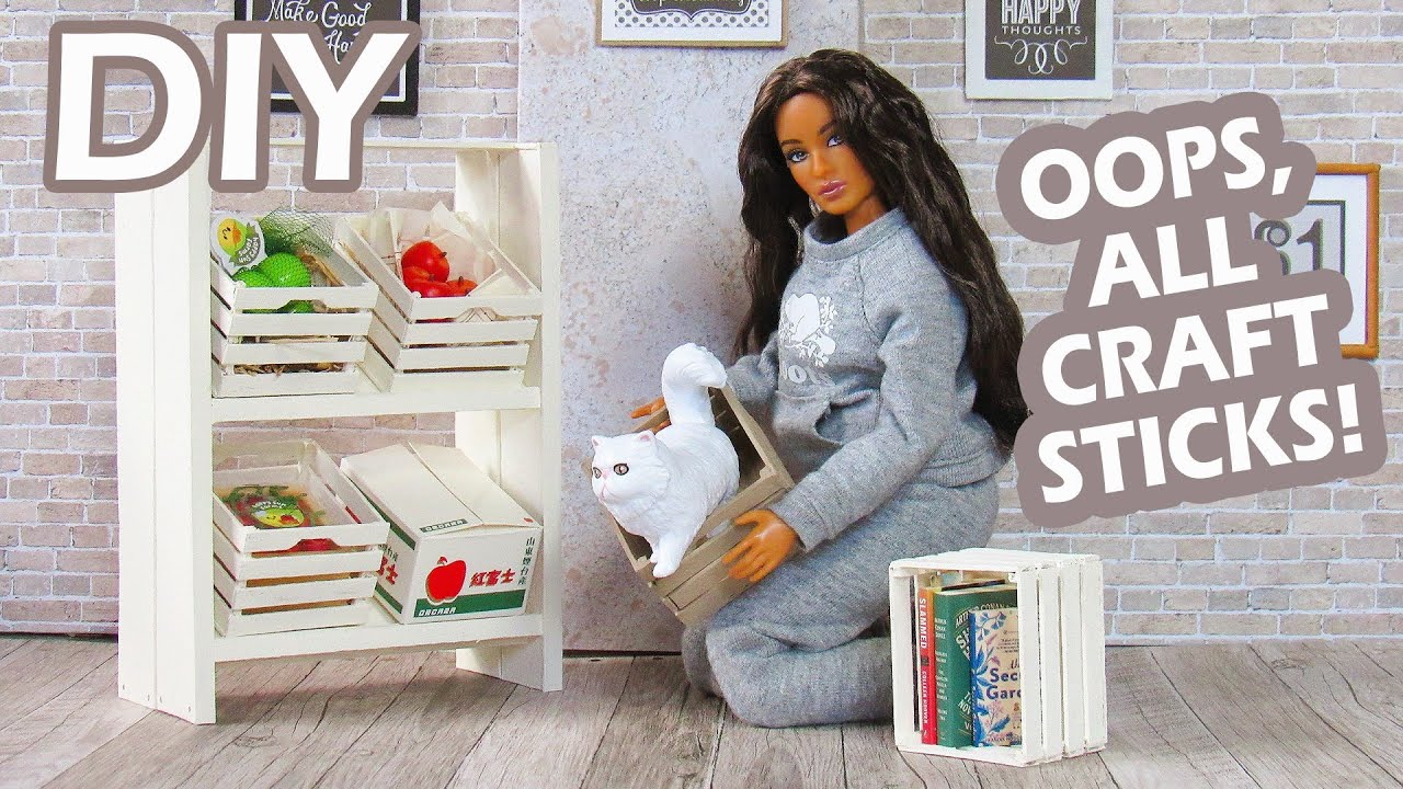 DIY Barbie #PopsicleStickCrafts Wooden Crates & Display Shelf 1:6 Scale Handmade Crafts