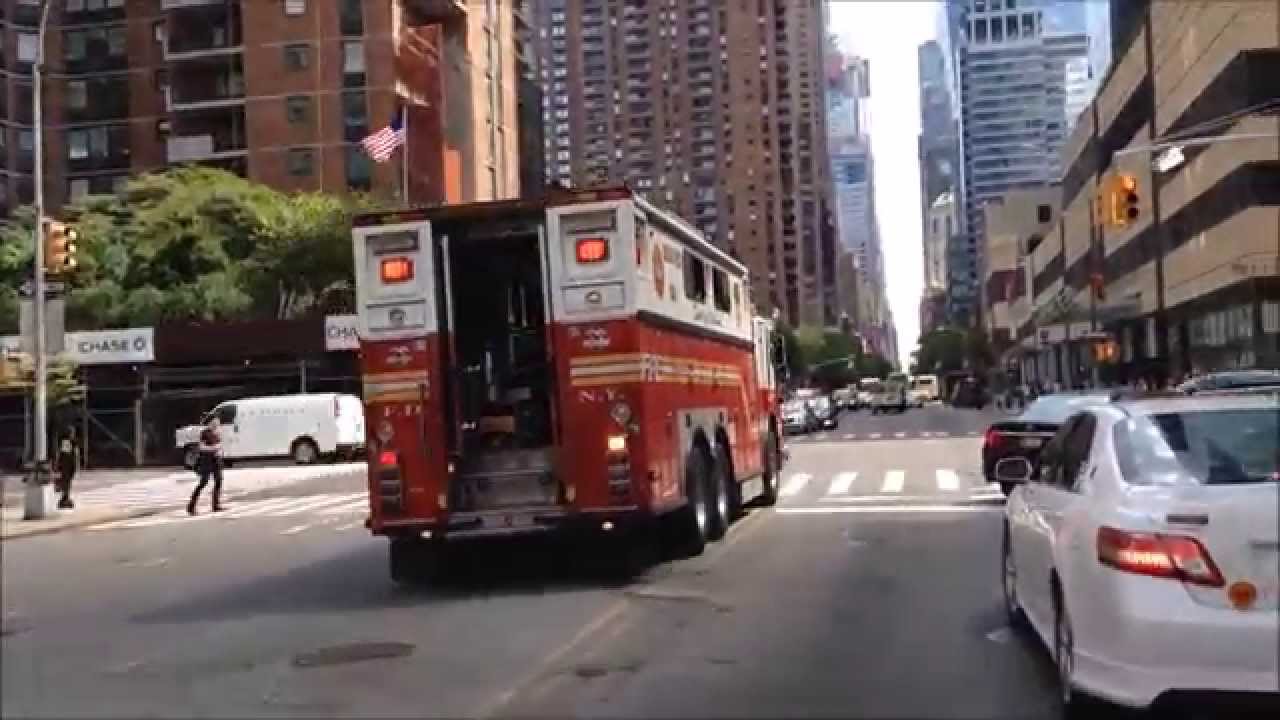 COMPILATION OF THE 5 FDNY RESCUE TRUCKS AND 7 FDNY SQUAD UNITS RESPONDING IN NEW YORK CITY.  1