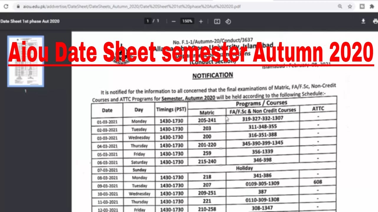 Allama Iqbal Open University  Date sheet Semester Autumn 2020 | Aiou Date sheet Matric F.A/Fsc Attc