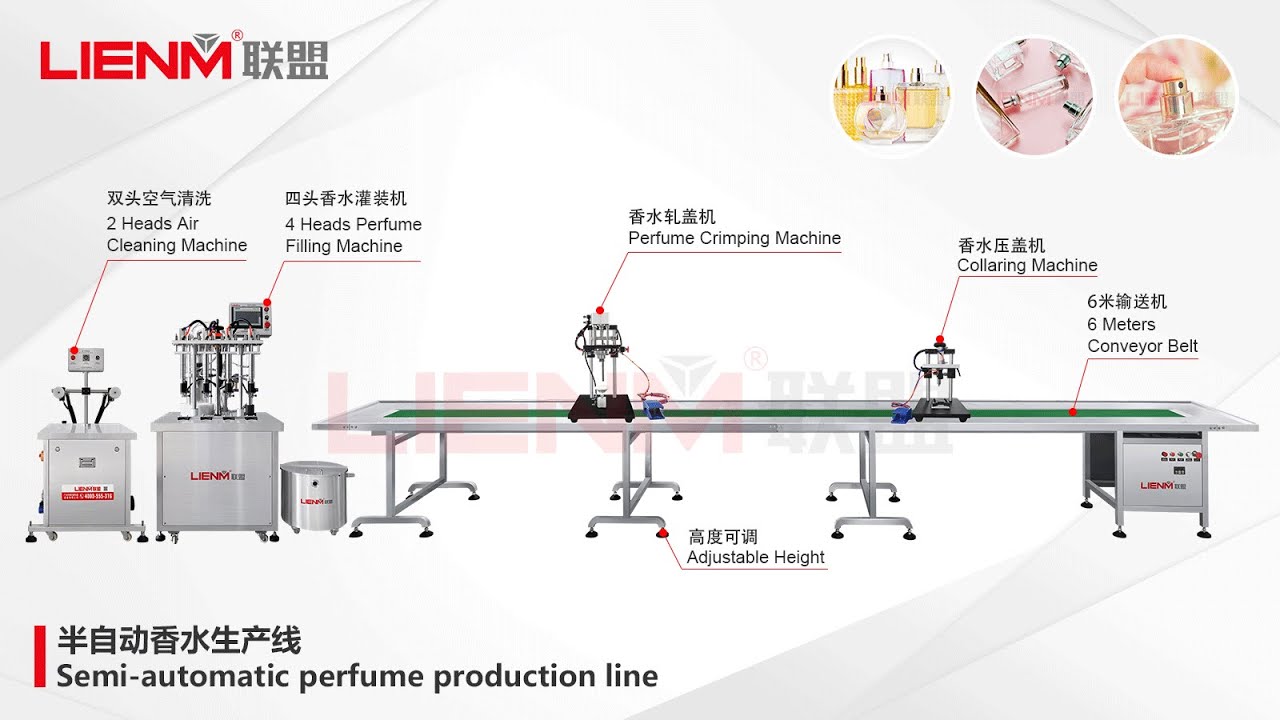 LM-Semi-auto Perfume Filling Packing Line: Air cleaning, 4 heads filler, crimping, collaring machine
