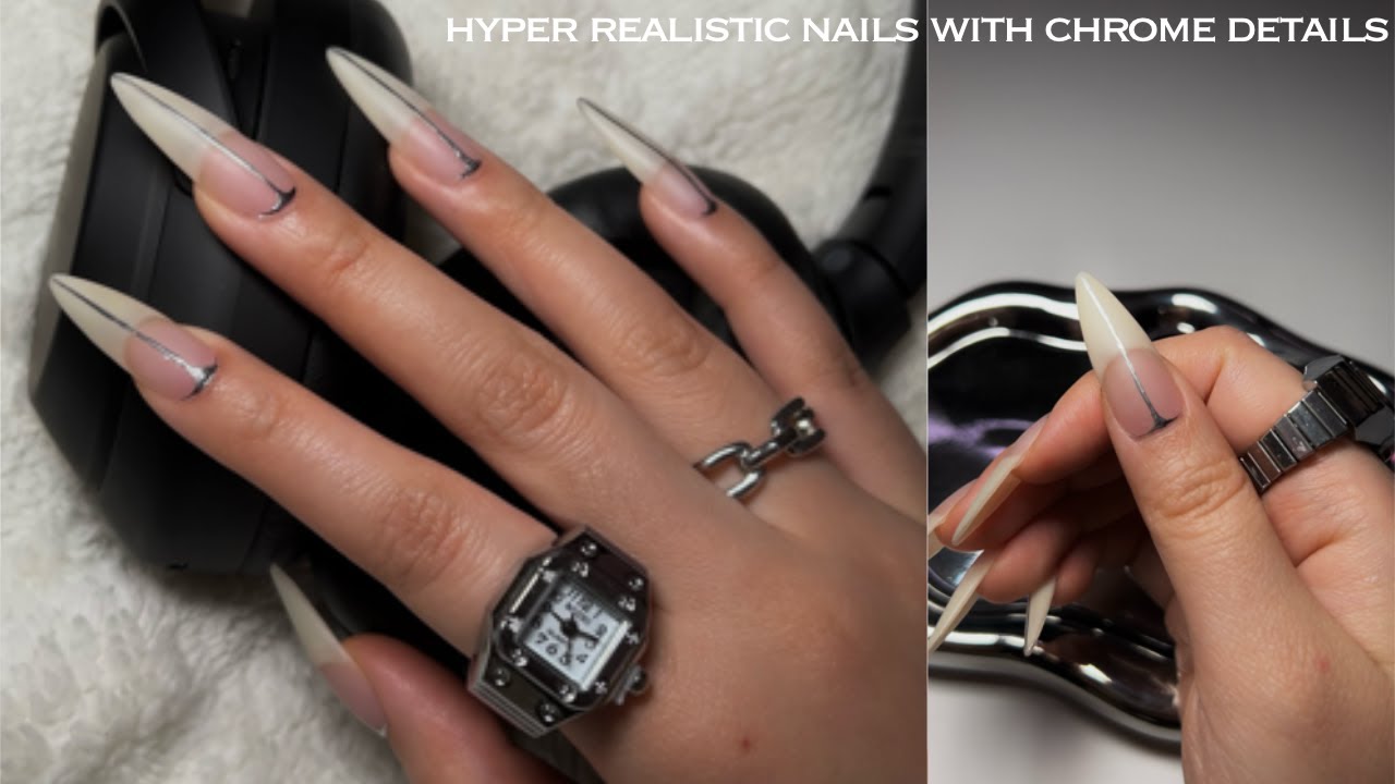 hyper realistic nails with chrome detailing | nail art | self-nails | asmr