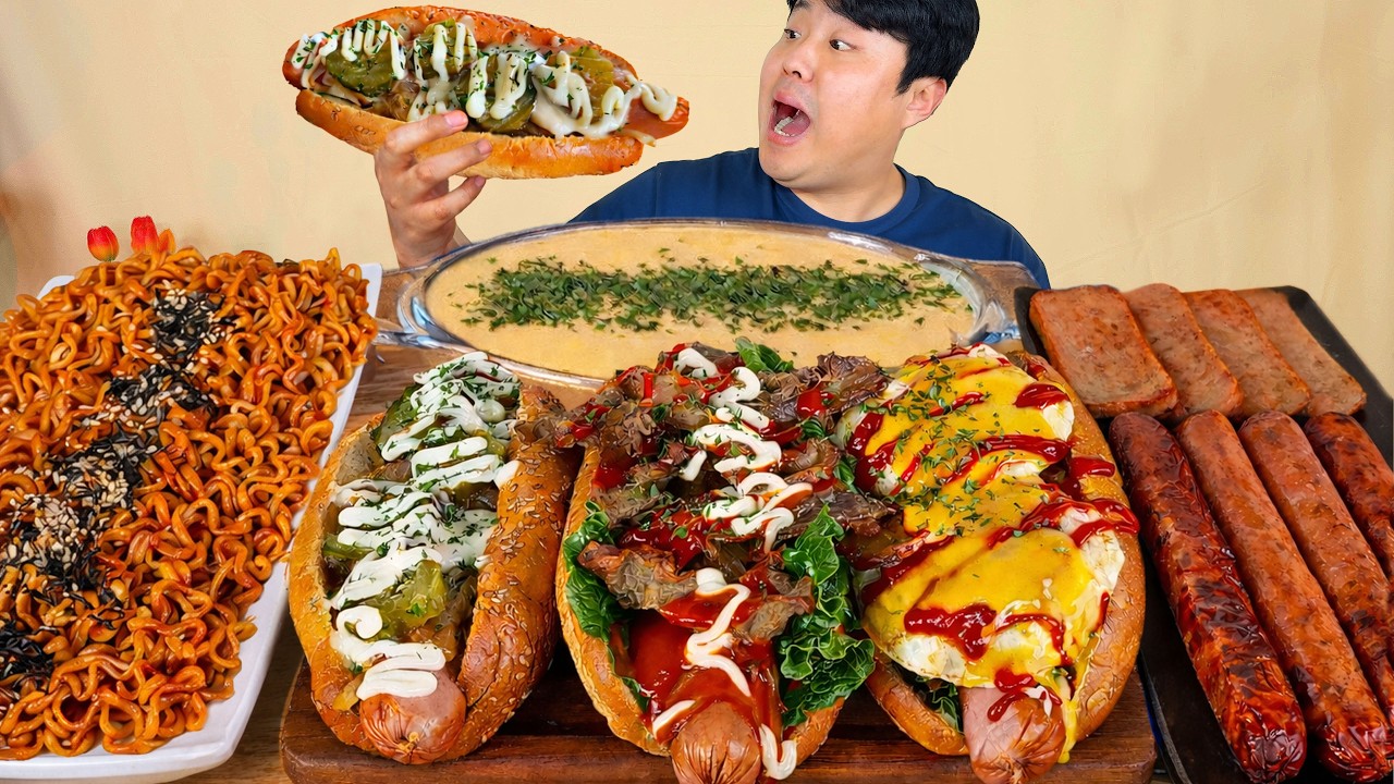 MUKBANG | Рецепт лапши быстрого приготовления, хот-дога, сырного соуса и колбасы!