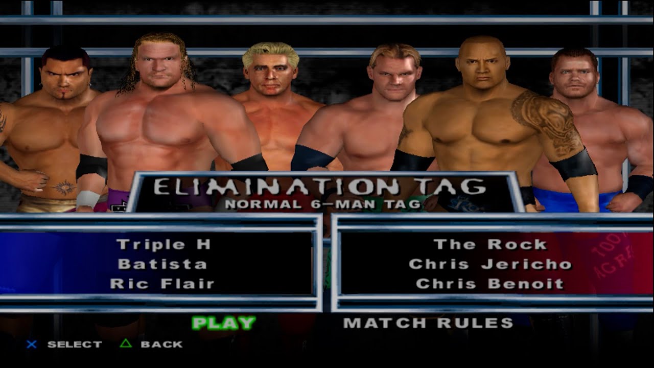 WWE SmackDown! HCTP - TripleH,Batista,RicFlair VS TheRock,ChrisJericho,ChrisBenoit (ELIMINATION TAG)