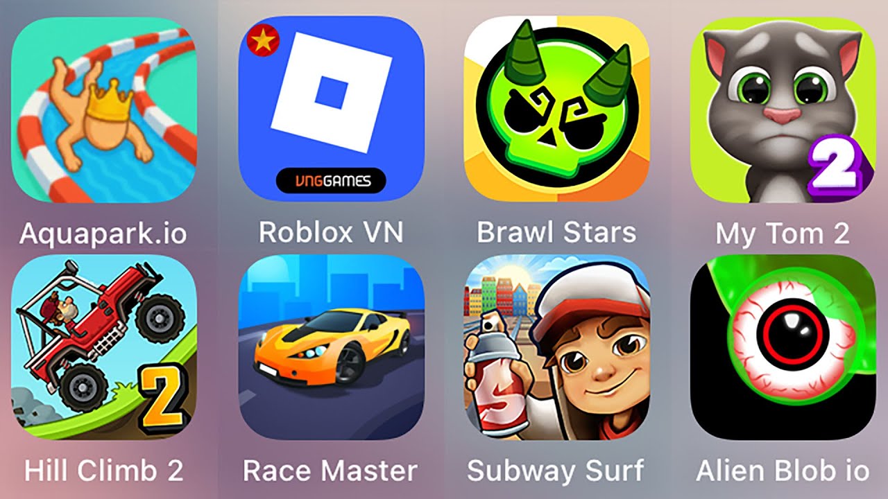 Roblox,Aquapark.io,Race Master 3D,Subway Surf,My Tom 2,Alien Blob.io,Hill Climb Racing 2,Brawl Stars