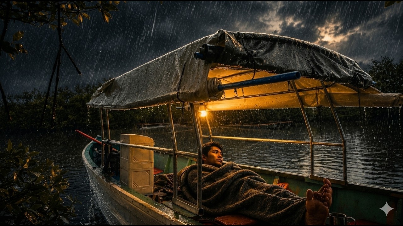 CAMPING IN HEAVY RAIN ALL DAY NIGHT WHILE IN THE BOAT AND FISHING FOR DINNR
