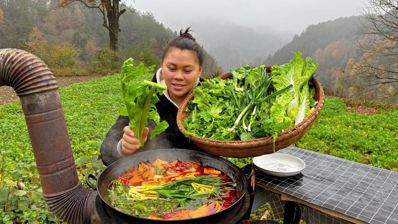 今天欧妹摘了很多蔬菜，做个美味的腊肉火锅直接吃个够 I picked a lot of vegetables and made a bacon hotpot