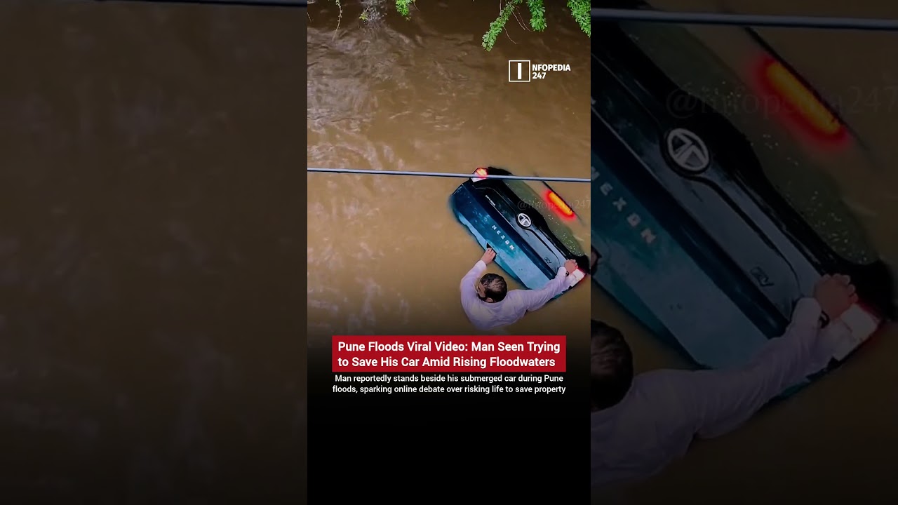 Pune Floods Viral Video | Man Stays Beside Partially Submerged Tata Nexon During Heavy Rain