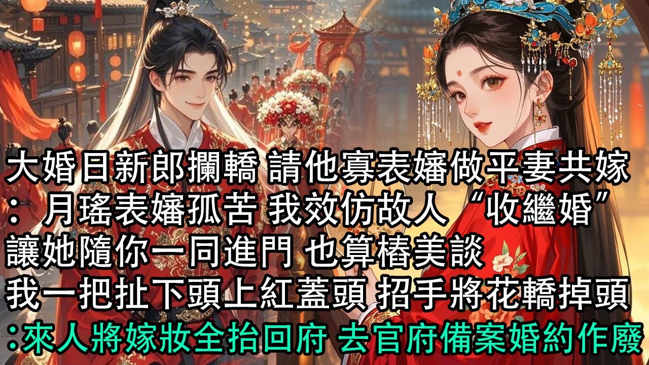 【一口氣看完】大婚日新郎攔轎 請他寡表嬸做平妻共嫁：月瑤表嬸孤苦 我效仿故人“收繼婚”，讓她隨你一同進門 也算樁美談，我一把扯下頭上紅蓋頭 招手將花轎掉頭：來人將嫁妝全抬回府 去官府備案婚約作廢