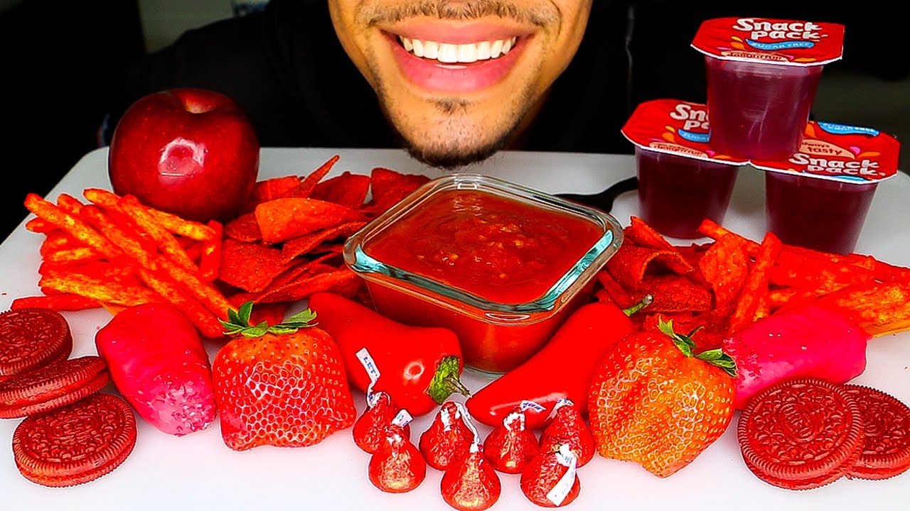 ASMR EATING RED COLOR FOODS ONLY PARTY FOR 24 HOURS CHALLENGE SOUNDS NO TALKING MUKBANG 먹방 JERRY