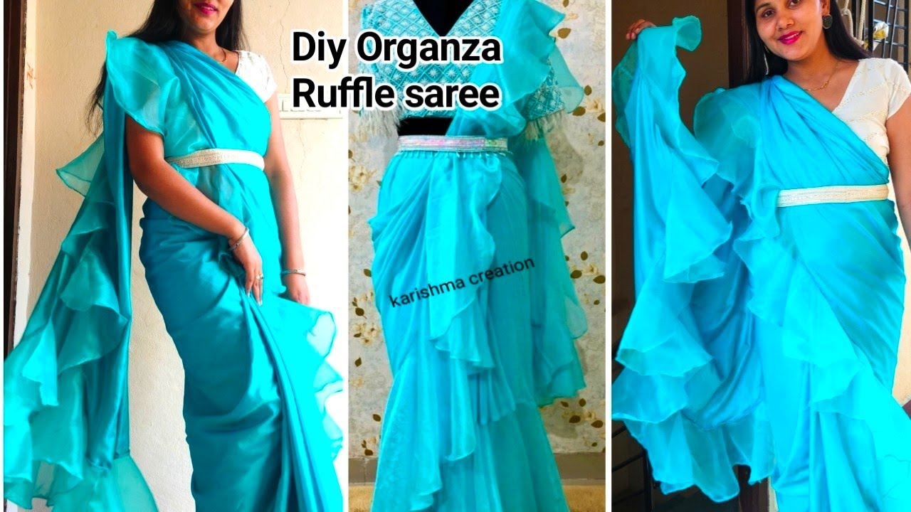 Diy Trending Organza Ruffle saree Cutting and stitching/Ruffle saree making video/karishma creation