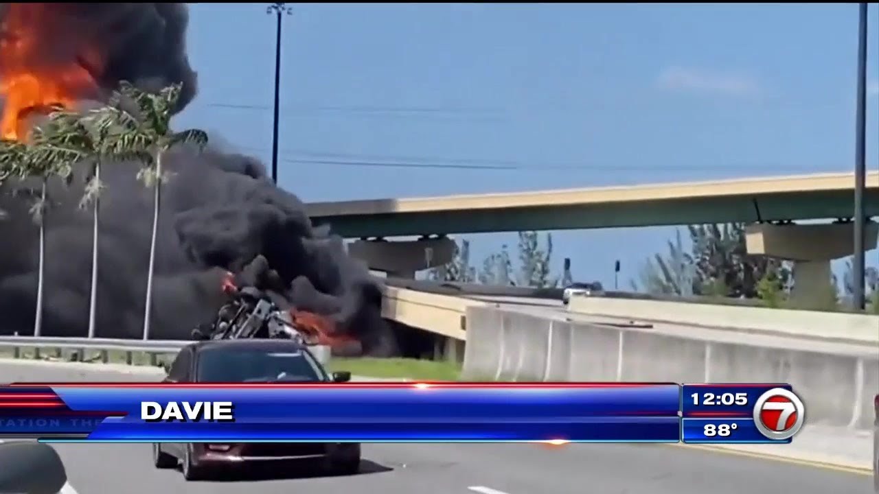 Driver killed after tanker truck falls off I-595 ramp in Davie, explodes