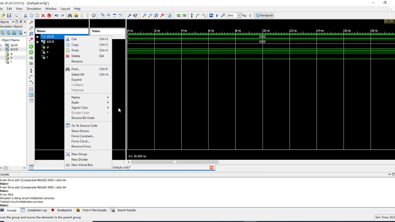 Comparadores de magnitud (Parte 7) -  Simulación en ISE Design / ISim para 4 Bits (VHDL)