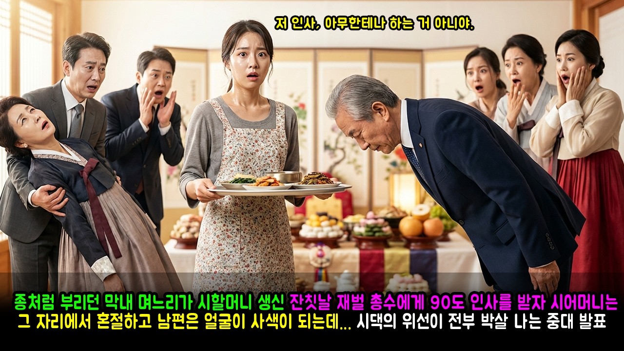 종처럼 부리던 막내 며느리가 시할머니 생신 잔칫날 재벌 총수에게 90도 인사를 받자 시어머니는 그 자리에서 혼절하고 남편은 얼굴이 사색이 되는데...