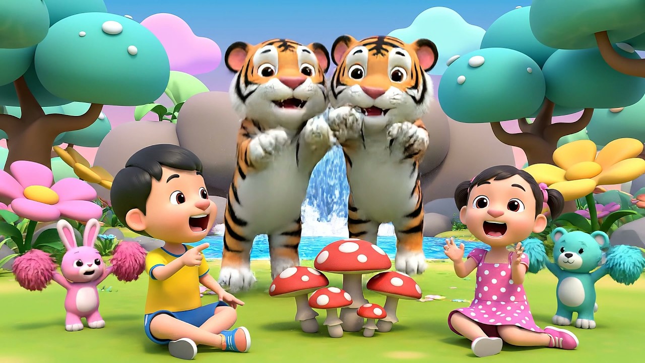 Cuatro Pequeños Tigres Títeres Merodean | Canciones de Selva y Títeres para Niños