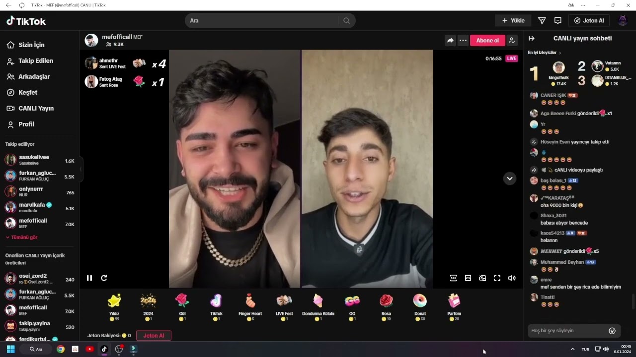 mef, axy, serdar ortac, furak agluc, marul kafa, gokce ozgul tıktok canlı yayını