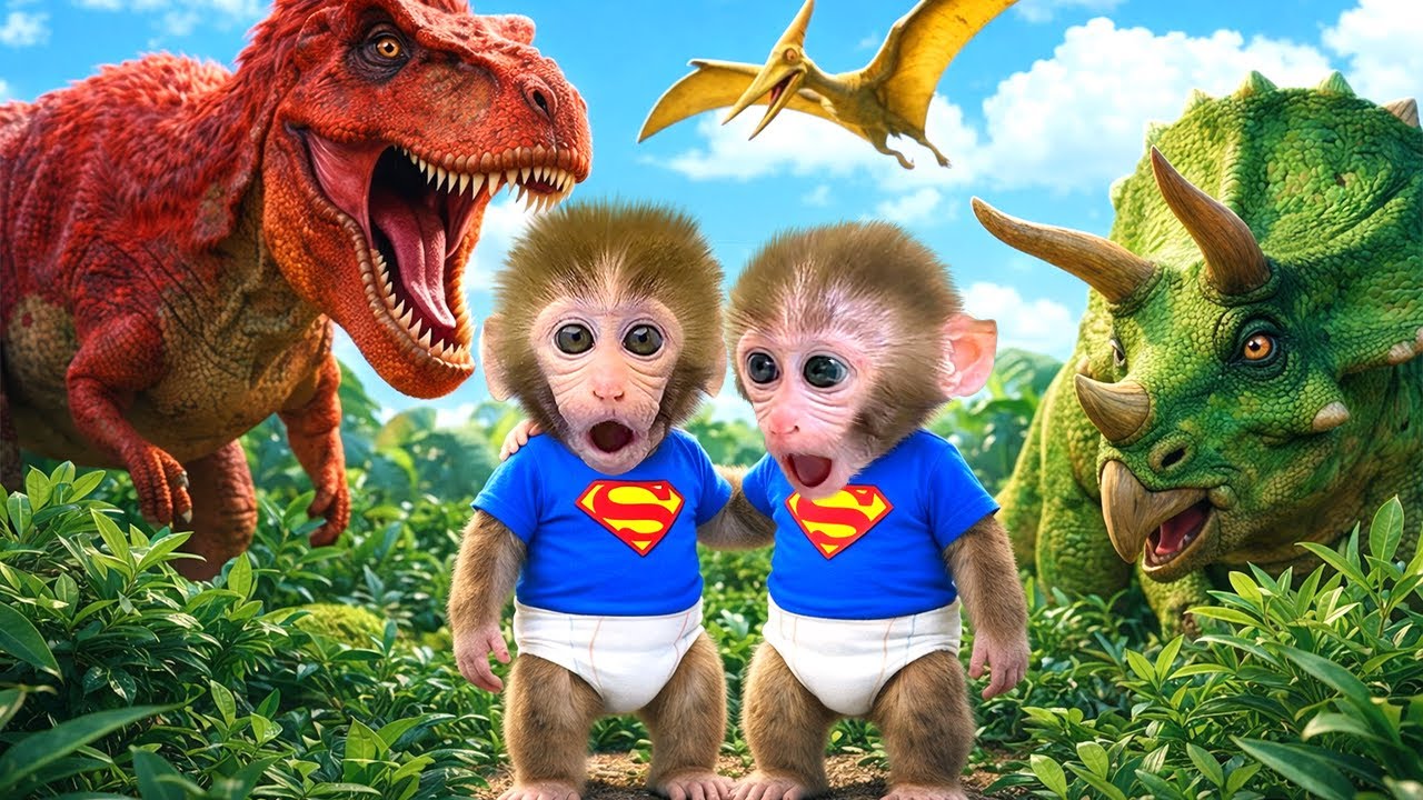 Bayi monyet Bonbon dan petualangan menarik untuk melihat dinosaurus