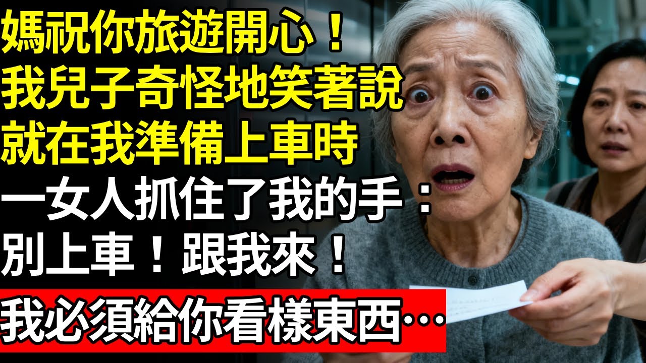 「媽祝你旅遊開心！」我兒子奇怪地笑著對我說，尋找車廂準備上車時，剛才我給過零錢的那位老姐姐抓住了我的手，說道：「等等。別上車。跟我來，我必須給你看樣東西……」# 養老#不孝子#人間家務#退休金#退休金