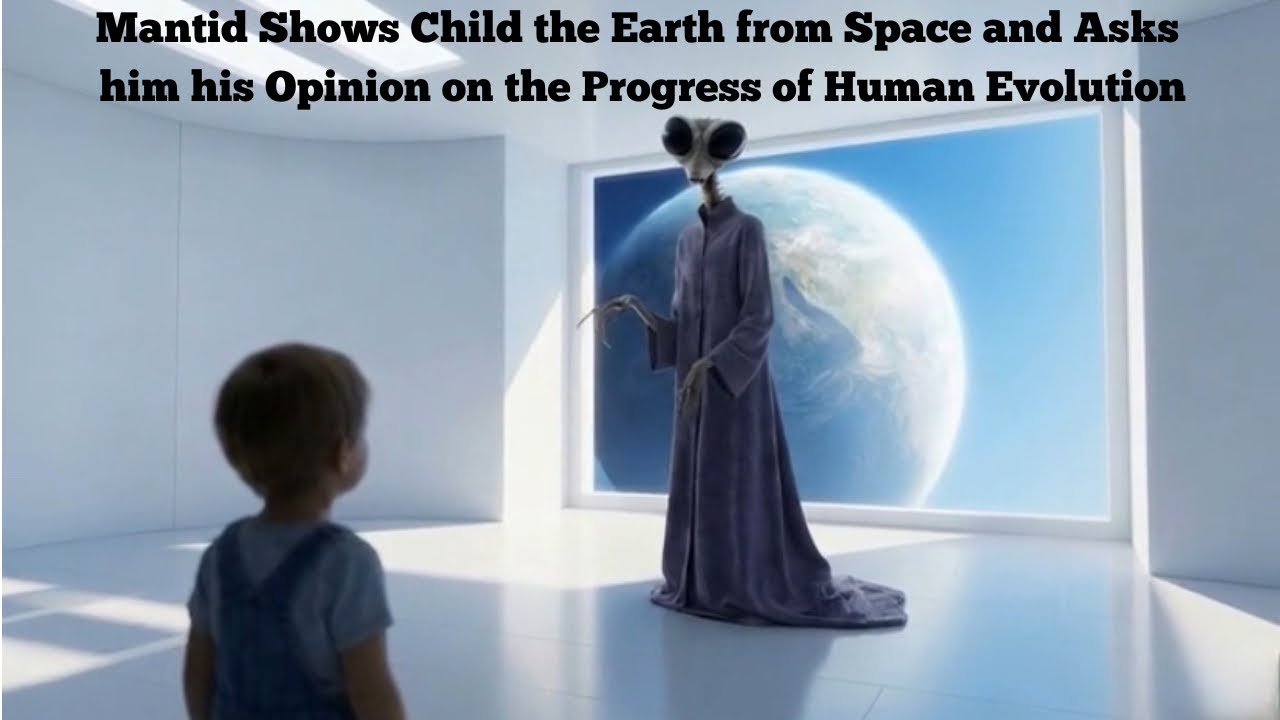 Mantid Shows Child the Earth from Space and Asks him his Opinion on the Progress of Human Evolution