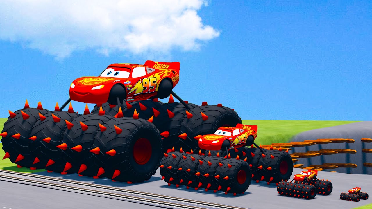 Big & Small Monster Truck Long Bus Spider Lightning McQueen Thorns vs Thomas The Train -BeamNG.drive