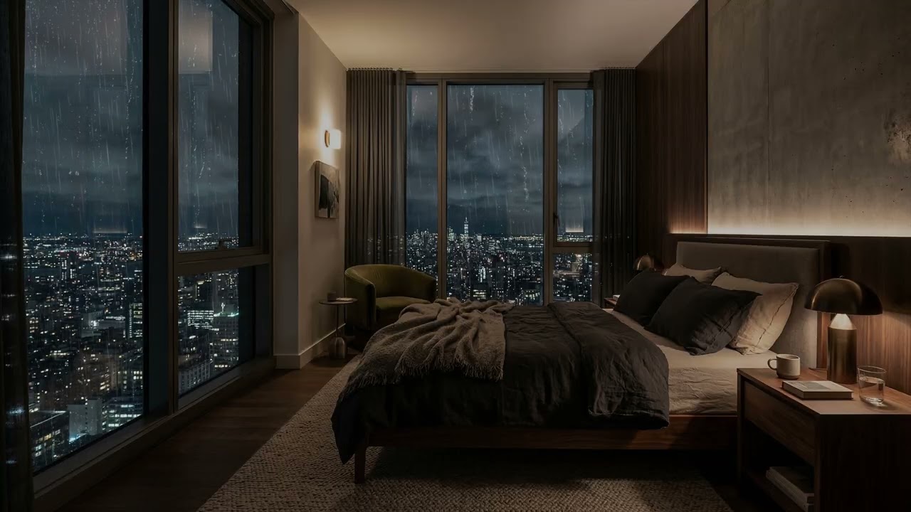 Calm City Rain 🌧️ Sliding Down A High Rise Bedroom Window While Neon Streets Glow 🏙️