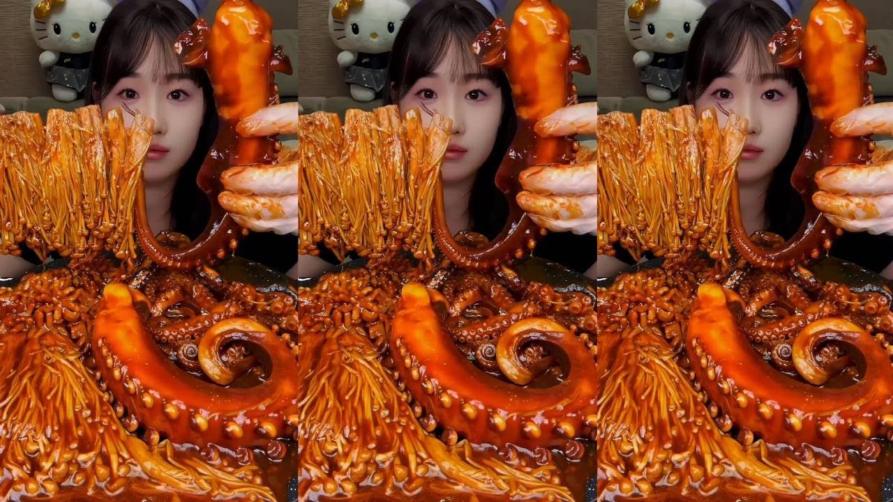 Immersive experience of eating spicy enoki mushrooms