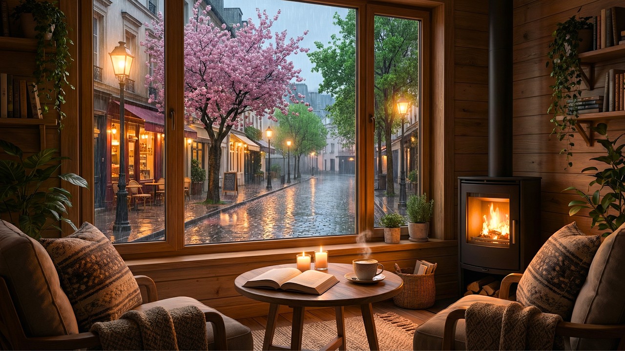 Spring Rain Jazz 🌸 Cozy Fireplace & Relaxing Cafe Ambience