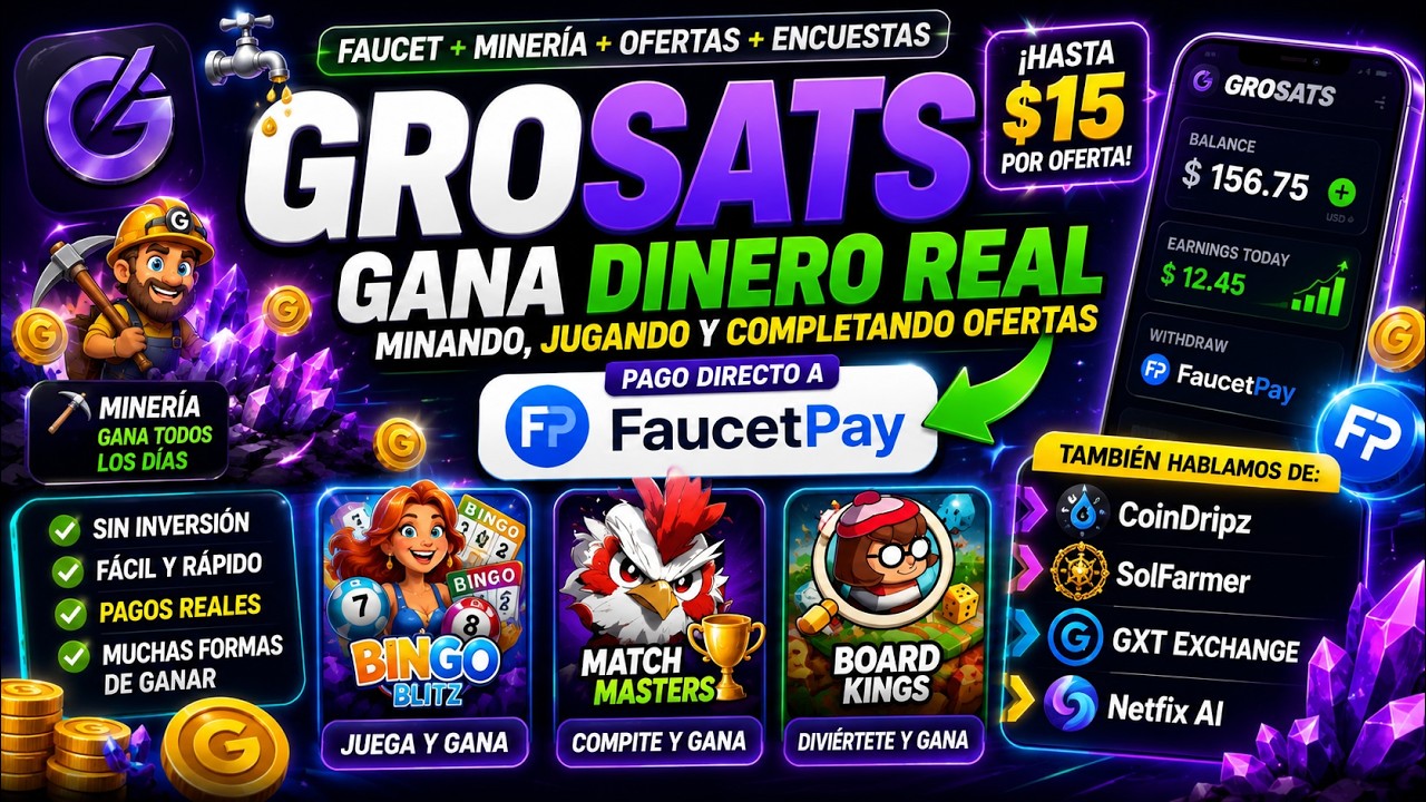 GROSATS PAGA 💰 Gana Dinero con Faucet + Miner&iacute;a + Encuestas | Retiro Directo a FaucetPay (2026)