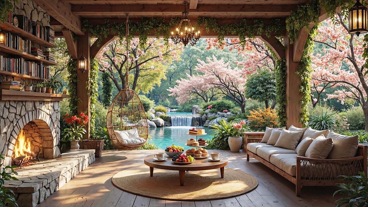 Cozy Spring Porch Ambience 🎹 Smooth Piano Background Music and Fireplace Sounds for Relaxation