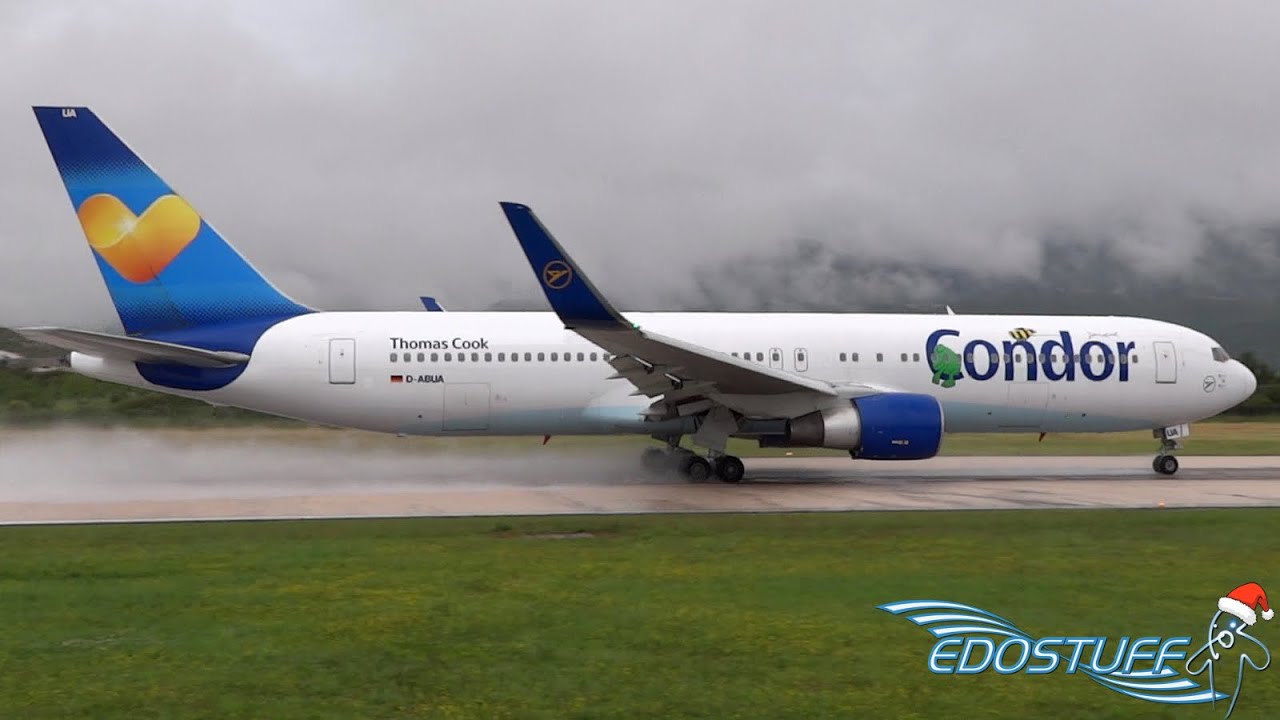 Incredible! Close-up! Condor Boeing 767 Wet Takeoff! With Huge Spray!