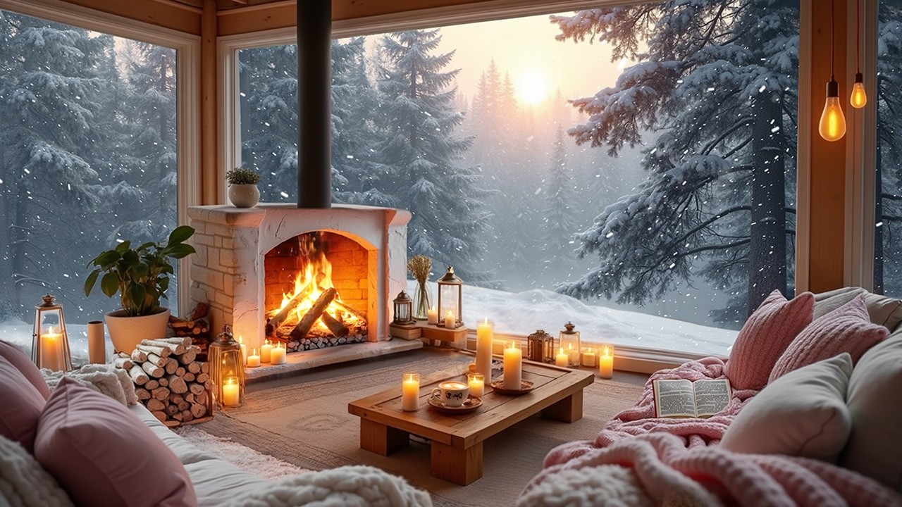 Magical Snowfall Cabin Glow ❄️🌸 Crackling Fire & Winter Forest Sunset | Cozy ASMR for Sleep & Relax