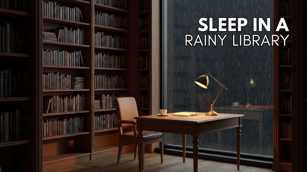 Sleeping in a Cozy Library During Heavy Rain 🌧️ Relaxing Rain & Sleep Ambience