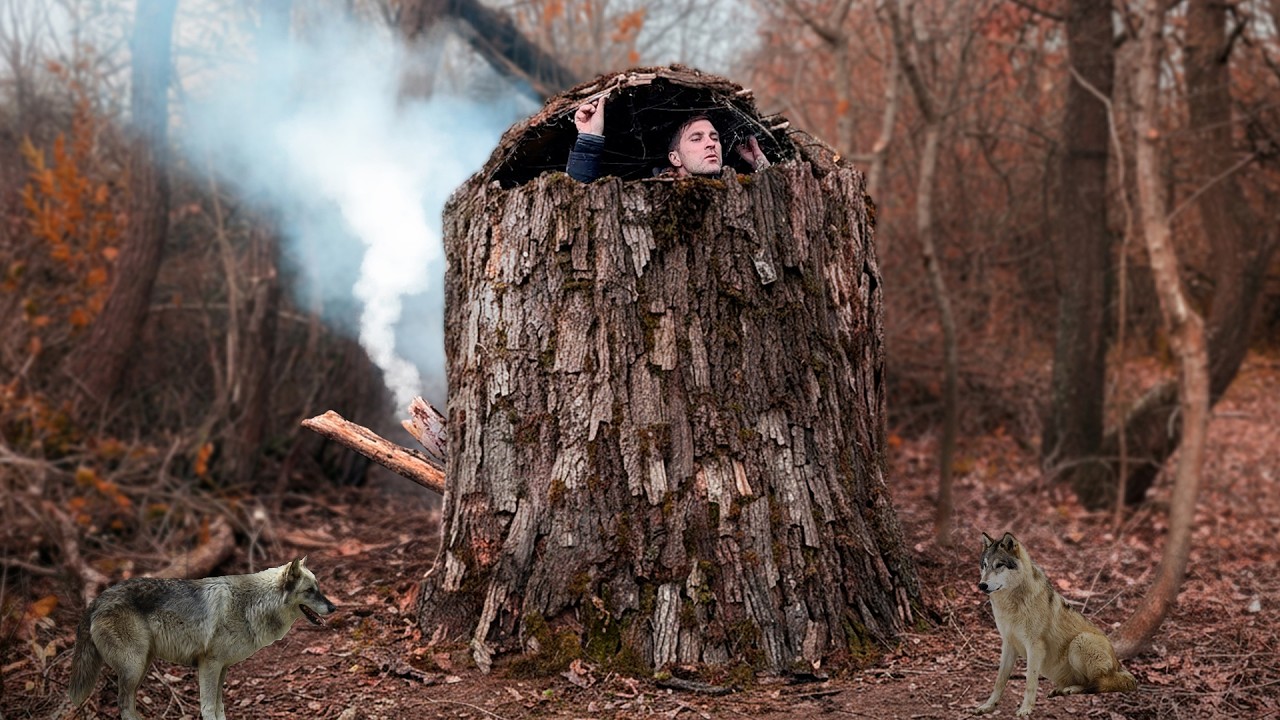 Building of a secret dugout in the form of a giant stump. Bushcraft Survival