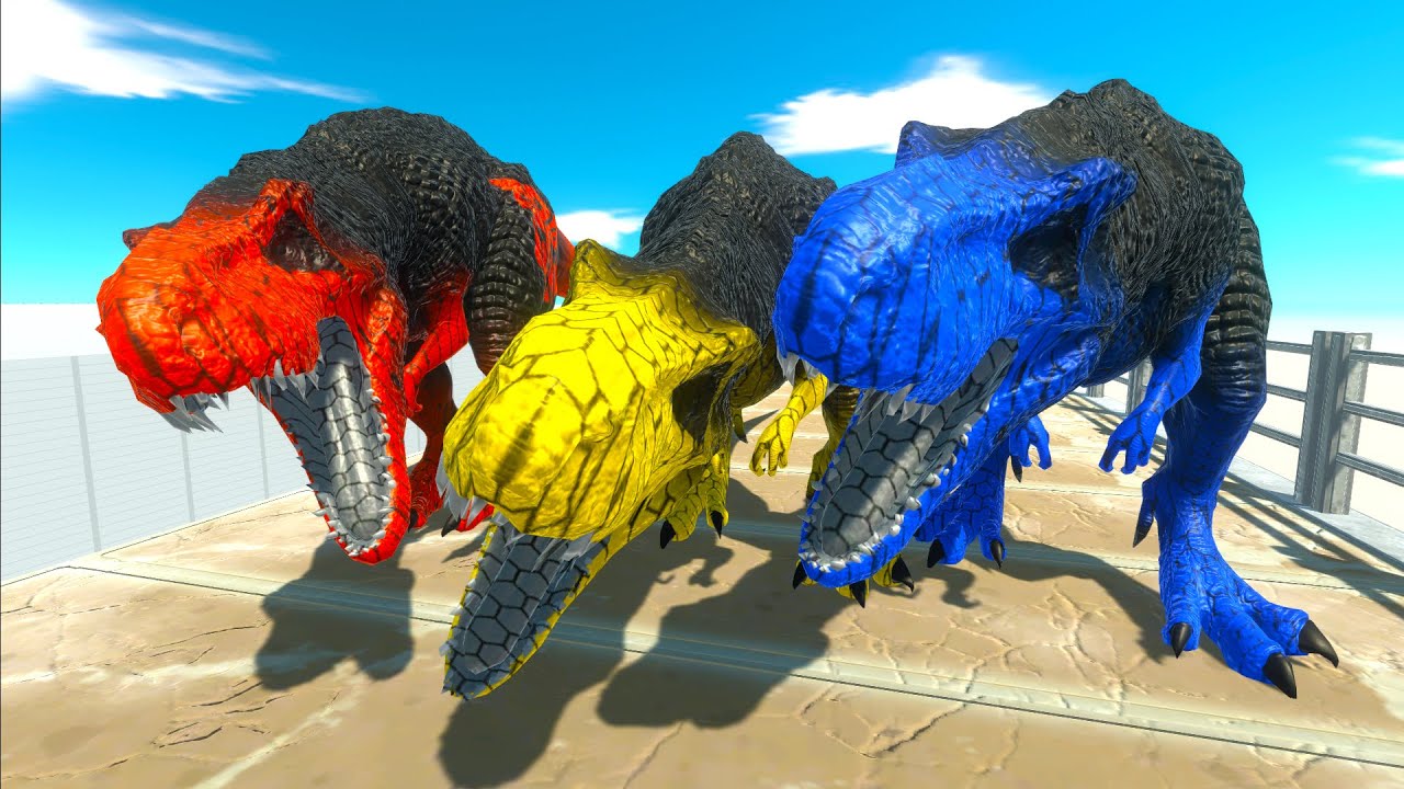 BLUE T-REX vs RED T-REX vs YELLOW T-REX TRANSFORMERS DEATH RUN - Animal Revolt Battle Simulator