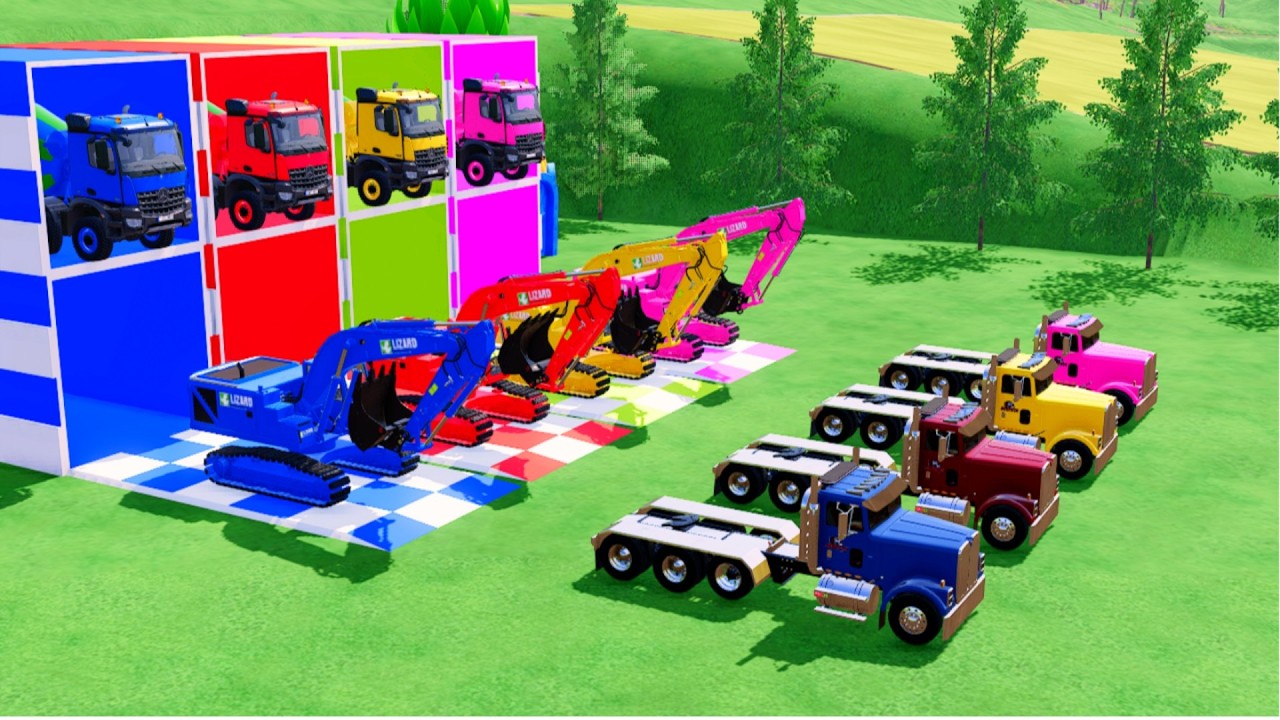 TRANSPORTING ALL THE COLORFUL MIXER TRUCKS, EXAVATORS, WITH FIAT9300 TRUCKS TO THE GARAGE