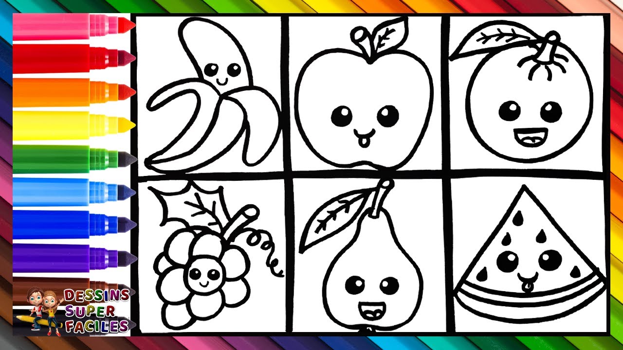 Dessiner et Colorier des Fruits Mignons 🍌🍎🍊🍇🍐🍉🌈 Dessins pour Enfants