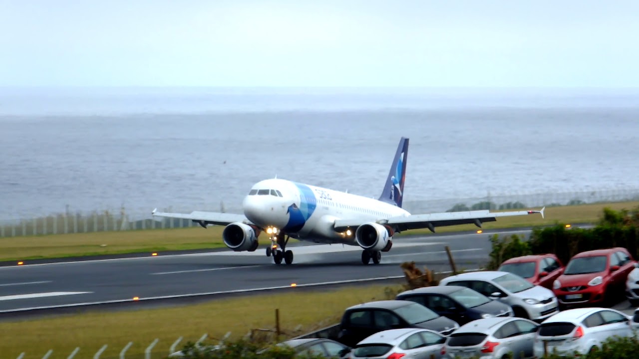 Azores Airlines A320 from Lisbon landing in Horta on a grey day