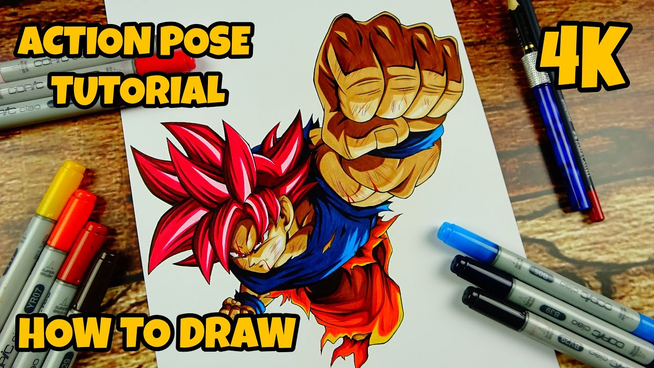 ACTION POSE Drawing Tutorial | GOKU SSj GOD| 4K