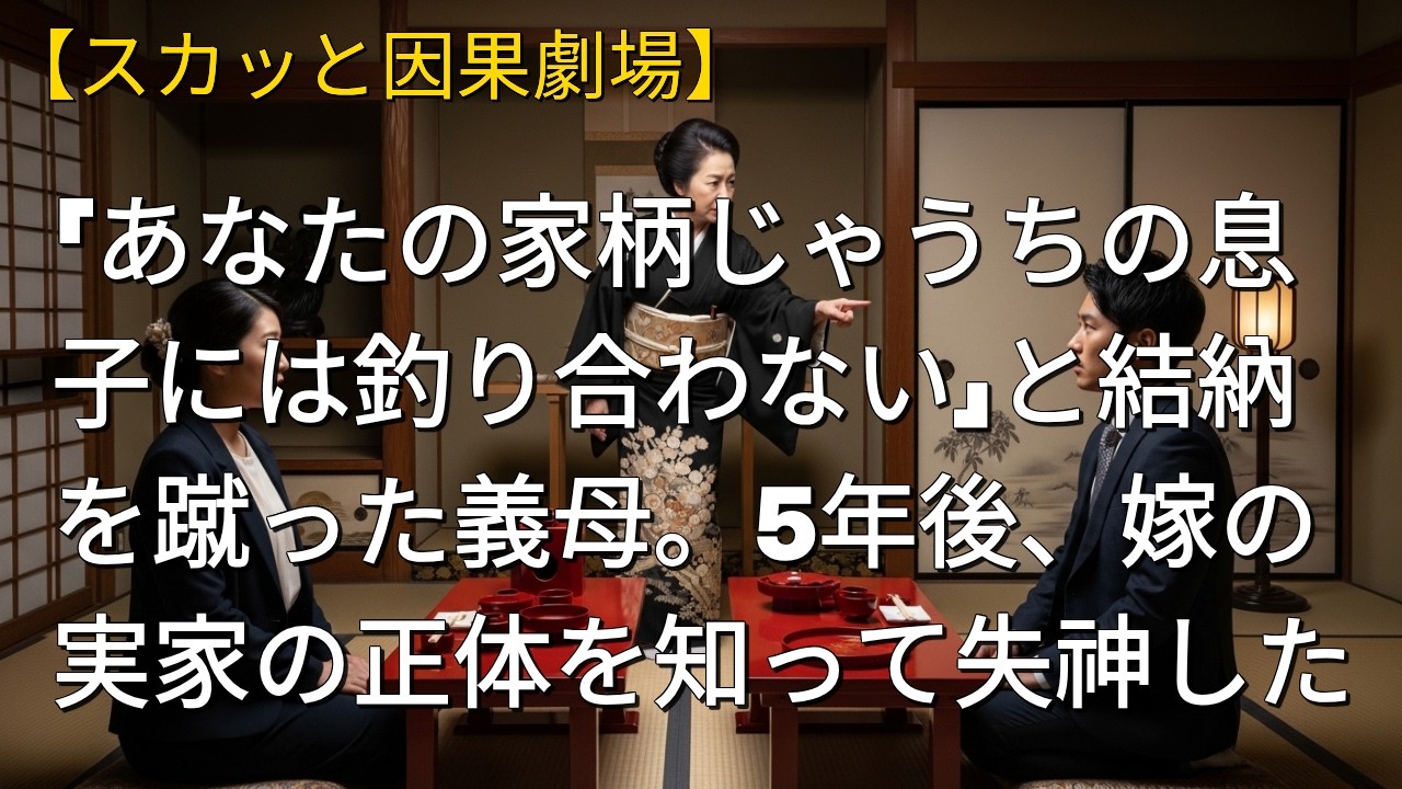 【スカッと因果劇場】「あなたの家柄じゃうちの息子には釣り合わない」と結納を蹴った義母。5年後、嫁の実家の正体を知って失神した