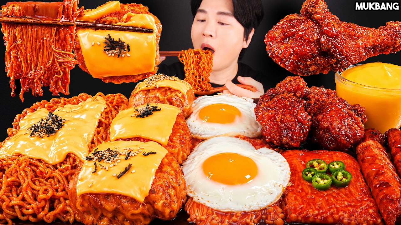 ASMR MUKBANG | Fire Noodles, Spicy Enoki Mushrooms, Fried Chicken, Sausage EATING SOUND