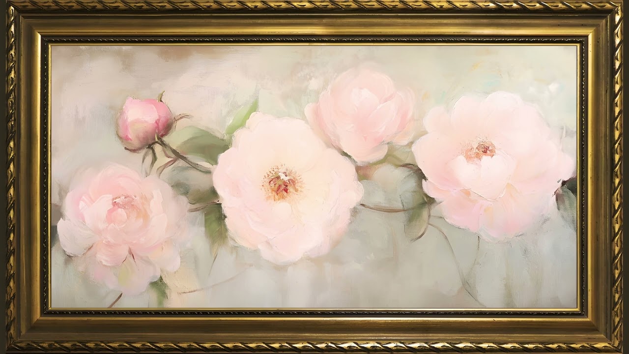 Delicate Pink Roses, Vintage Impressionist Oil Painting | Gold Framed TV Art Screensaver