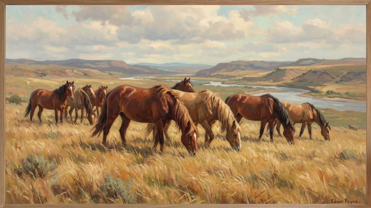 Wild Horses Gazing in the Field | Framed Oil Painting Art TV Background | Screensaver 2 Hours