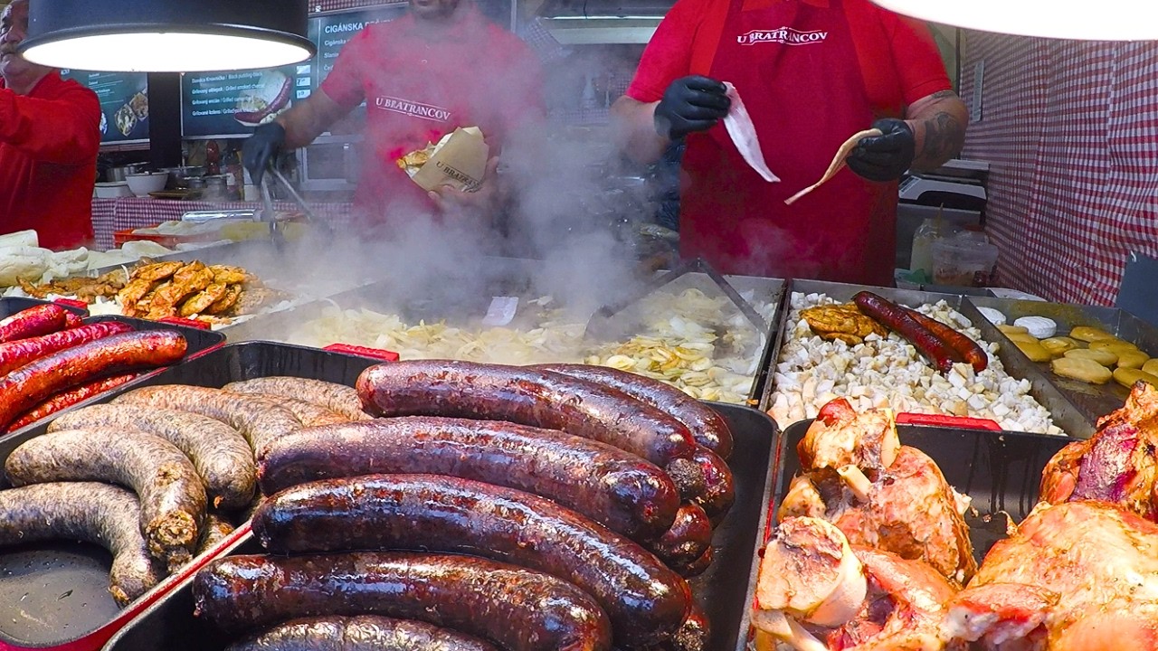Street Food in Bratislava, Slovakia. Christmas Market at 'Hviezdoslav Square'