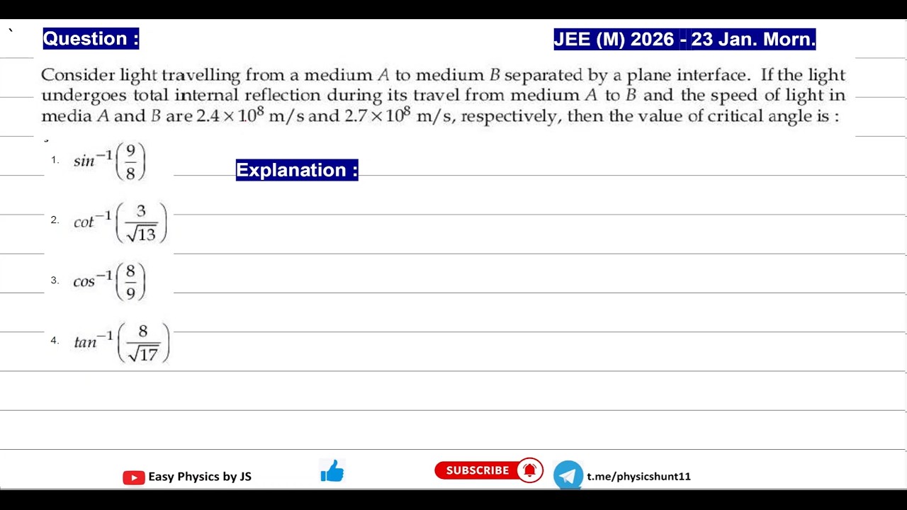 Total Internal Reflection | PYQ | JEE(M) 2026 (23 Jan Mor.)
