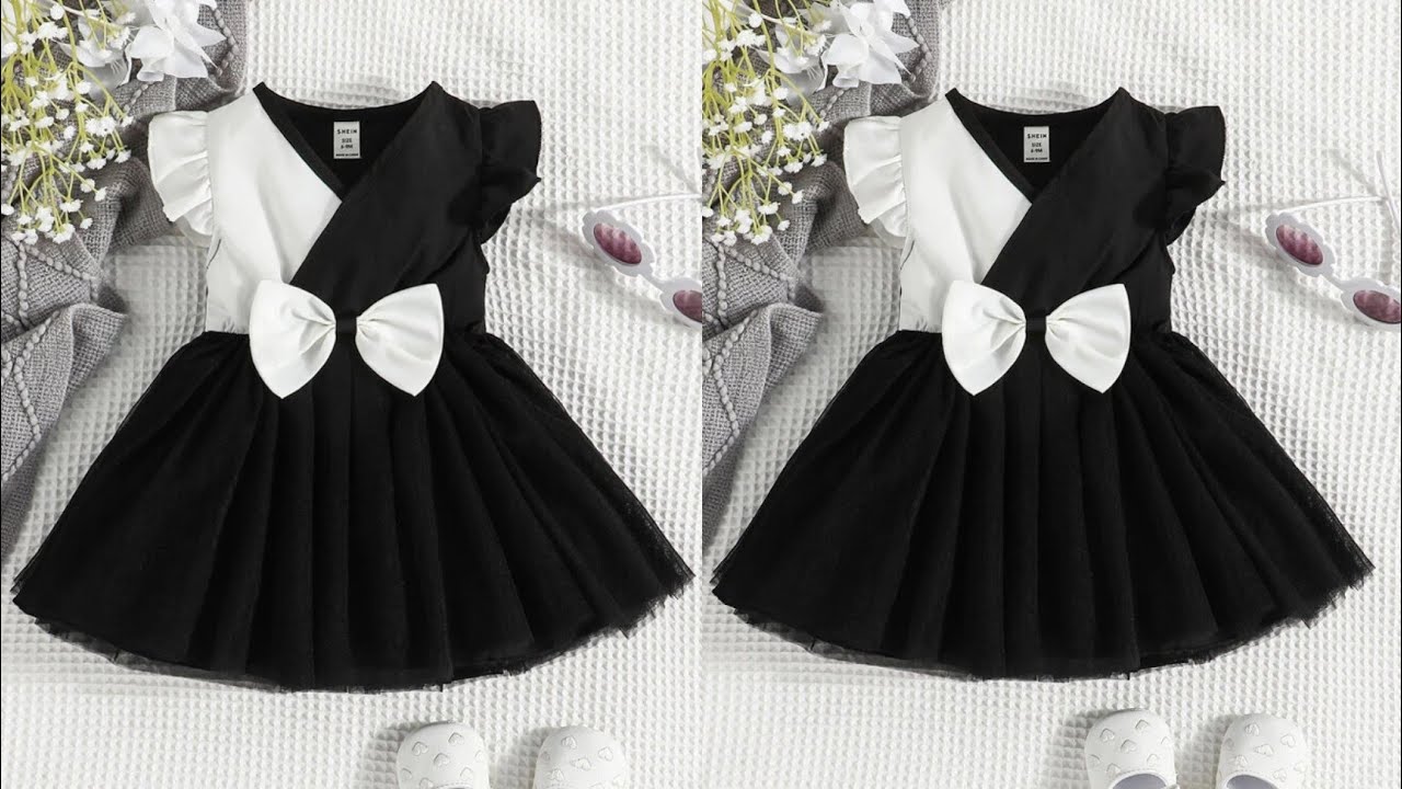 Beautiful Overlap Bow Front Contrast Mesh Ruffle Sleeve Baby Frock Cutting and Stitching/Baby Frock