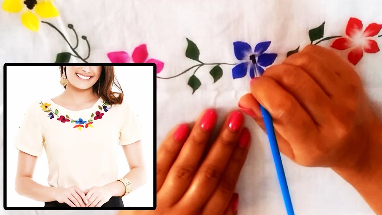 Boat Neck Hand Painted Designer Top | Free Hand Fabric Painting Designs| Very Simple & easy